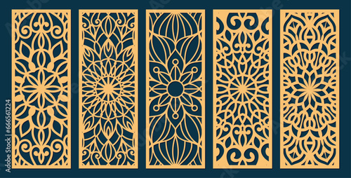 Big set of vertical panels, gratings. Abstract ornament, geometric, classic, oriental pattern, floral and plant motifs. Template for plotter laser cutting of paper, metal engraving, wood carving, cnc