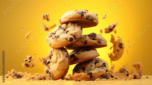  a stack of cookies with chocolate chips falling out of them.  generative ai photo