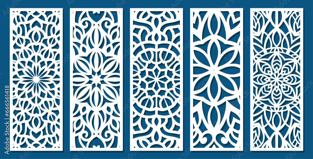 Laser cut panel, geometric islamic pattern. CNC cutting, wall art, home interior decor, room privacy screen. Paper art, card background. Arabic ornament. Vector illustration - obrazy, fototapety, plakaty 