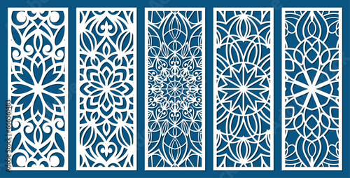 Set of laser cut templates with geometric pattern. For metal cutting, wood carving, panel decor, paper art, stencil or die for fretwork, card background design. Vctor illustration	
