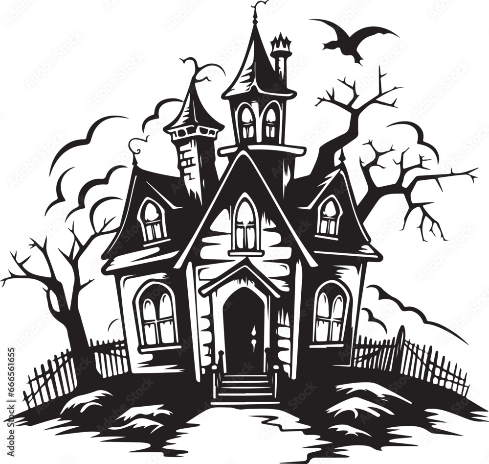 A silhouette of haunted Halloween house with spooky trees