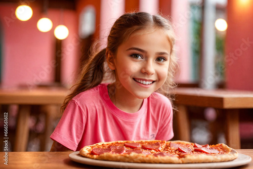 A pretty curly blonde girl eating pizza in italian restaurant. Portrait of child with long blonde hair and a pink t-shirt. Generative Ai.