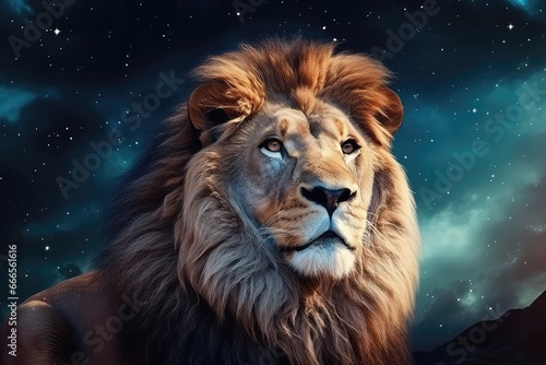 Fantastic Lion Against Starry Sky Background. Сoncept Stunning Astrophotography, Majestic Wildlife, Nighttime Beauty © Anastasiia