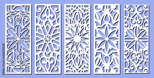 Big set of vertical panels, gratings. Abstract ornament, geometric, classic, oriental pattern, floral and plant motifs. Template for plotter laser cutting of paper, metal engraving, wood carving, cnc