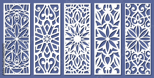 Big set of vertical panels, gratings. Abstract ornament, geometric, classic, oriental pattern, floral and plant motifs. Template for plotter laser cutting of paper, metal engraving, wood carving, cnc