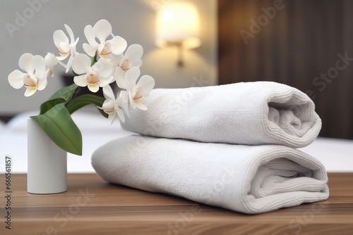 Fresh Towels And Flower Arrangement In Hotel Room