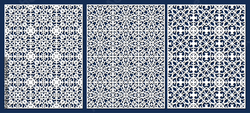 Set of laser cut templates with geometric pattern. For metal cutting, wood carving, panel decor, paper art, stencil or die for fretwork, card background design. Vctor illustration
