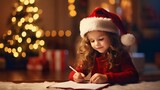 Cute little girl is writing wishlist letter to Santa Claus. She is near beautifully decorated Christmas tree, surrounded by a warm and festive twinkling lights holiday ambiance. Children happiness.