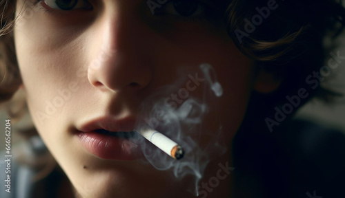 Teenager smokes cigarette. Substance abuse, addiction, people and bad habits concept close up of young man or girl smoking cigarette copy space.
