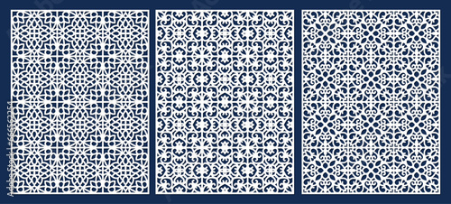 Set of laser cut templates with geometric pattern. For metal cutting, wood carving, panel decor, paper art, stencil or die for fretwork, card background design. Vctor illustration