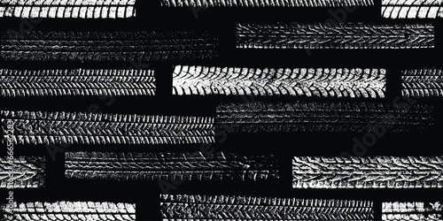 Tire track seamless pattern. Grange tread marks .Grunge textured vector car tread . Car trails endless pattern texture. Tyre track seamless texture. Wheel tire tread track background