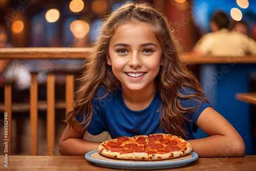 Girl eating pizza at cafe  unhealthy food  blue t-shirt. Generative Ai.