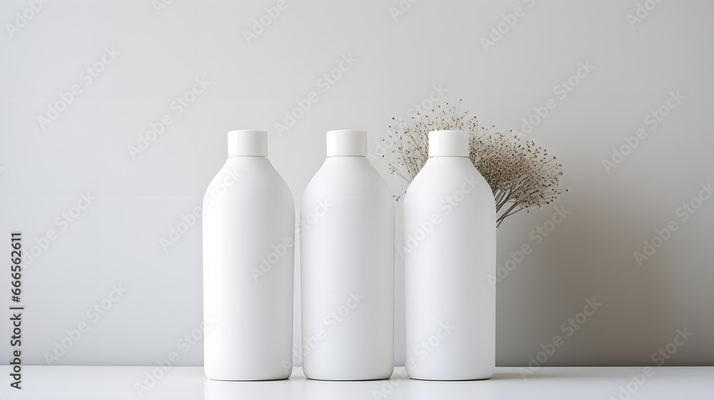 White empty cosmetic bottles mock up isolated in modern bathroom interior White empty cosmetic bottles mock up isolated in modern bathroom interior
