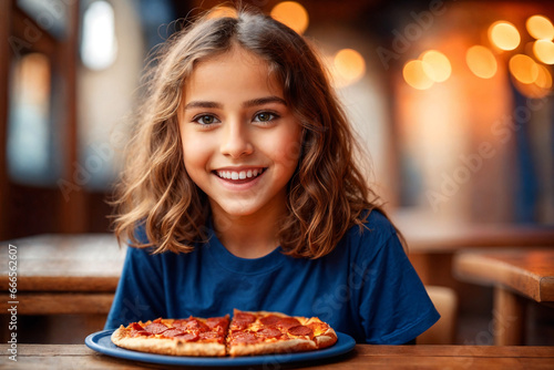 Girl eating pizza at cafe, unhealthy food, blue t-shirt. Generative Ai.