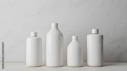 White empty cosmetic bottles mock up isolated in modern bathroom interior © Oksana