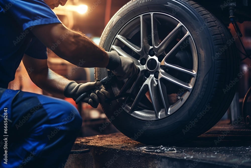 Professional tire repair at a reliable car repair shop with skilled technicians and modern equipment - obrazy, fototapety, plakaty 