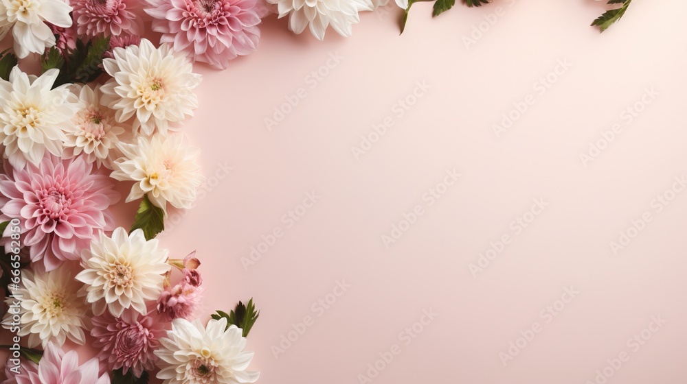 a pink background with white and pink flowers and leaves on it. generative ai a pink background with white and pink flowers and leaves on it. generative ai