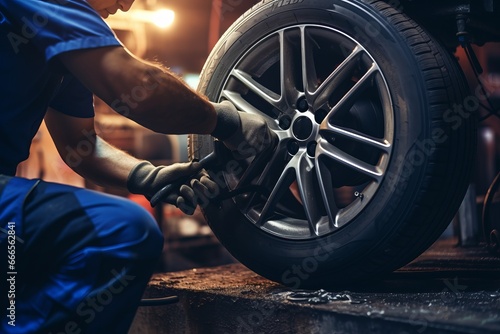 Professional tire repair at a reliable car repair shop with skilled technicians and modern equipment photo