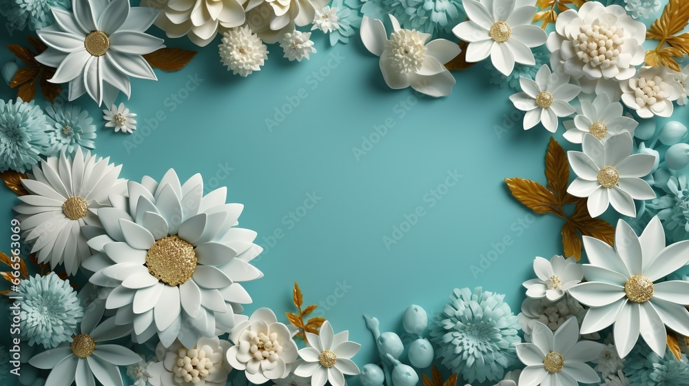  a blue background with white and gold flowers and leaves on it.  generative ai