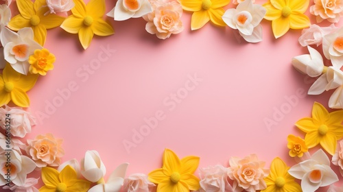  a pink background with white and yellow flowers on it and a pink background. generative ai