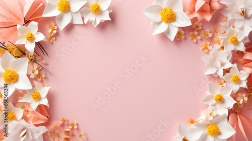  a pink background with white and yellow flowers on it and a butterfly.  generative ai