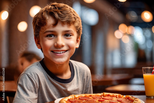 The teenager is eating pizza in restaurant or pizzeria. Generative Ai.