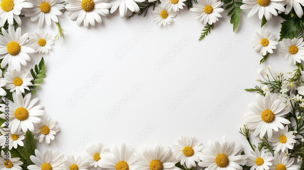  a white background with daisies and green leaves on it.  generative ai