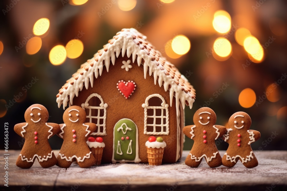 Gingerbread family holding hands in front of their candy home.
