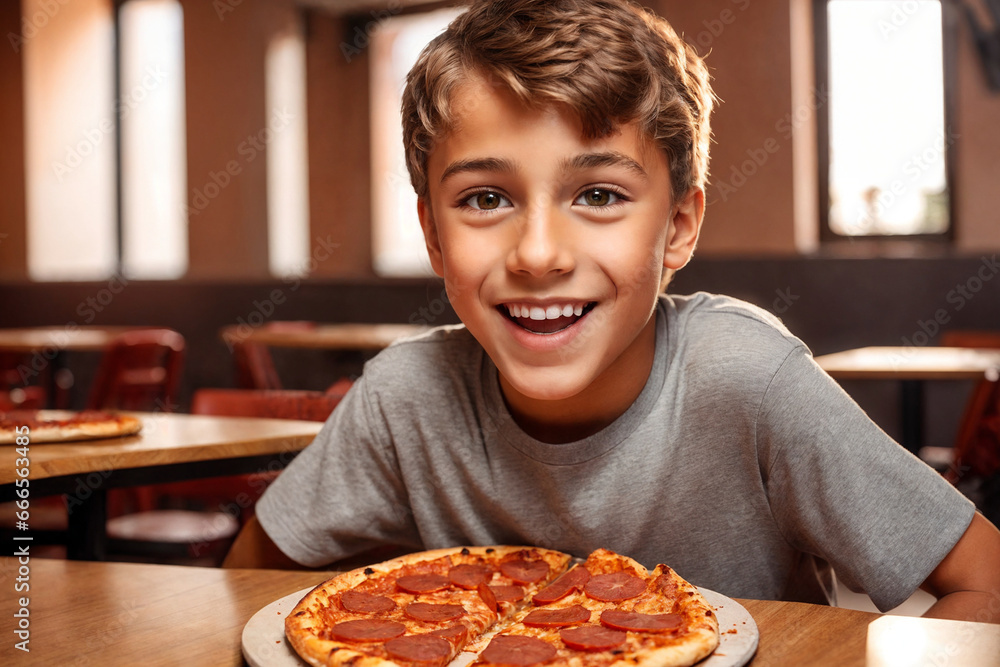 The teenager is eating pizza in restaurant or pizzeria. Generative Ai. The teenager is eating pizza in restaurant or pizzeria. Generative Ai.