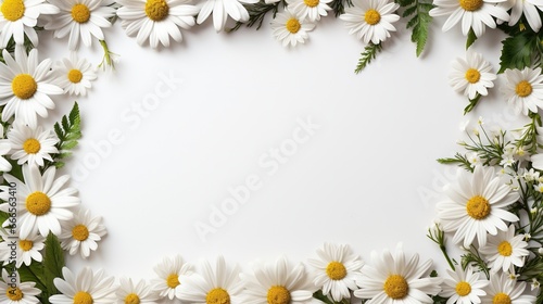  a white background with daisies and green leaves on it.  generative ai © Shanti