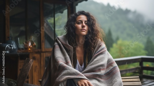 stylish man traveler in blanket relaxing on porch of wooden cabin in rainy day on background of woods in mountains. stylish hipster resting. space for text. atmospheric moment