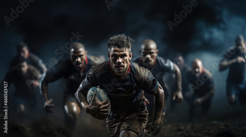 Rugby players in action, motion blur effect. Mixed media.