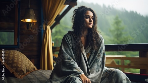 stylish man traveler in blanket relaxing on porch of wooden cabin in rainy day on background of woods in mountains. stylish hipster resting. space for text. atmospheric moment