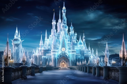 Glittering ice palace with frozen spires and crystal chandeliers.
