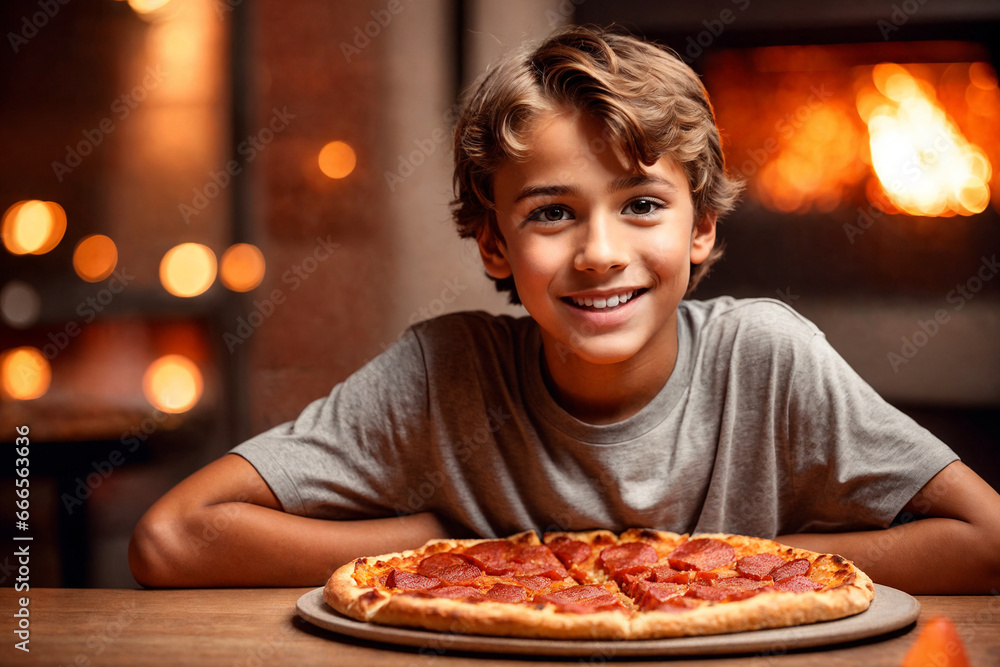 The teenager is eating pizza in restaurant or pizzeria. Generative Ai. The teenager is eating pizza in restaurant or pizzeria. Generative Ai.