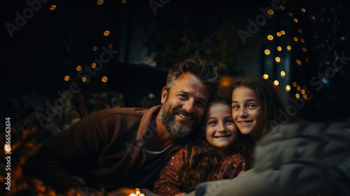 Portrait of a happy family at home. Father with two daughters are sitting on the sofa.