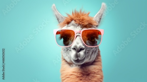 Creative animal concept. Llama in sunglass shade glasses isolated on solid pastel background  commercial  editorial advertisement  surreal surrealism 