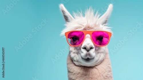 Creative animal concept. Llama in sunglass shade glasses isolated on solid pastel background, commercial, editorial advertisement, surreal surrealism 