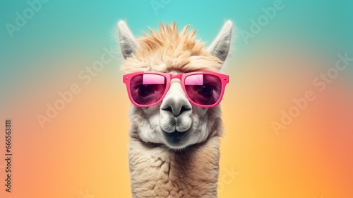 Creative animal concept. Llama in sunglass shade glasses isolated on solid pastel background, commercial, editorial advertisement, surreal surrealism 