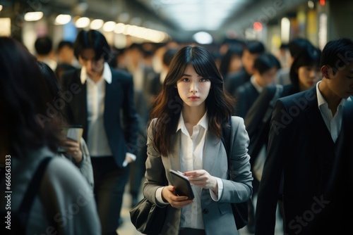 Japanese Office lady navigating in City busy urban life. photo