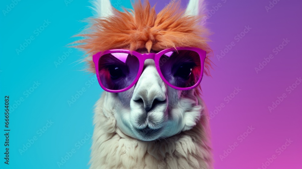 Naklejka premium Creative animal concept. Llama in sunglass shade glasses isolated on solid pastel background, commercial, editorial advertisement, surreal surrealism 