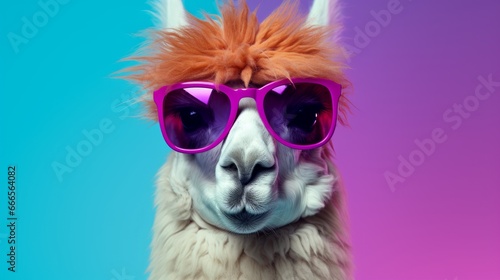 Creative animal concept. Llama in sunglass shade glasses isolated on solid pastel background  commercial  editorial advertisement  surreal surrealism 
