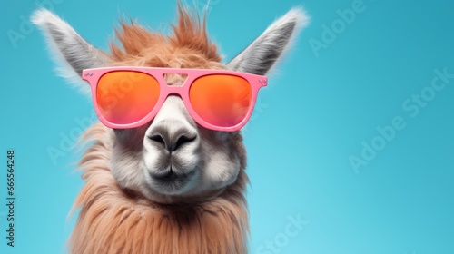 Creative animal concept. Llama in sunglass shade glasses isolated on solid pastel background, commercial, editorial advertisement, surreal surrealism  © Panyamethi