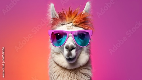 Creative animal concept. Llama in sunglass shade glasses isolated on solid pastel background, commercial, editorial advertisement, surreal surrealism 