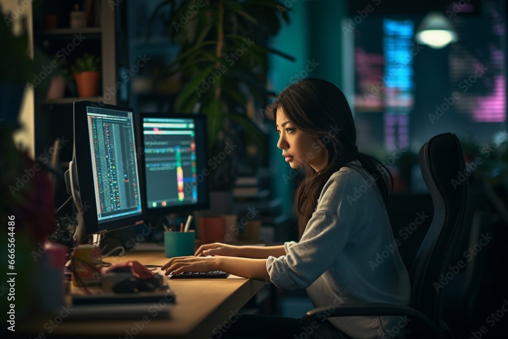 Young Asian woman software developers using computer to write code sitting at desk with multiple screens work remotely at home Young Asian woman software developers using computer to write code sitting at desk with multiple screens work remotely at home