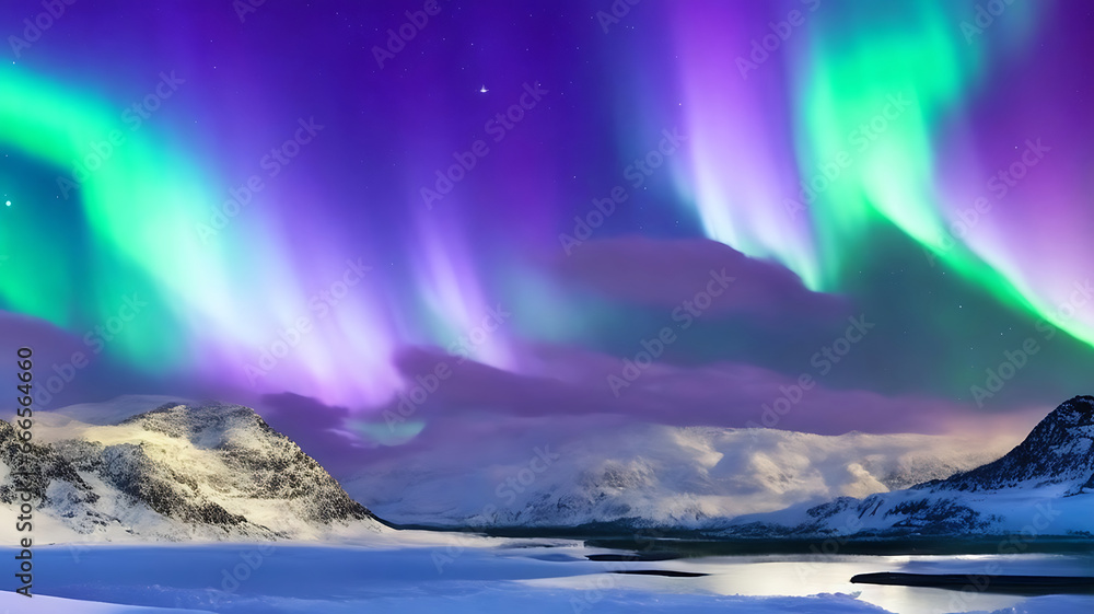 Naklejka premium Panorama of the northern lights over snowcapped mountains