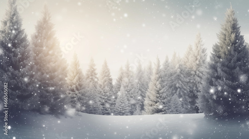 snow background with fir trees in the background, falling snow and sparkles © chali