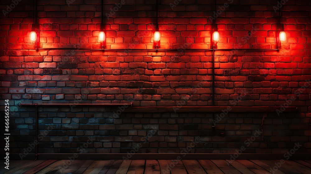 Red neon light on brick wall. Brick wall background. - obrazy, fototapety, plakaty 