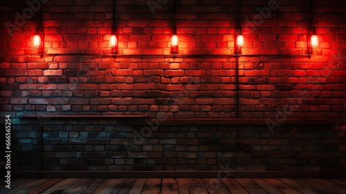 Red neon light on brick wall. Brick wall background.