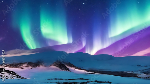 Panorama of the northern lights over snowcapped mountains